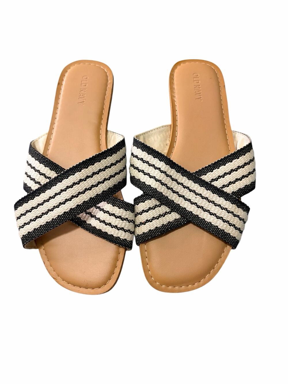 Old Navy Black & White Striped Criss-Cross Slide Sandals